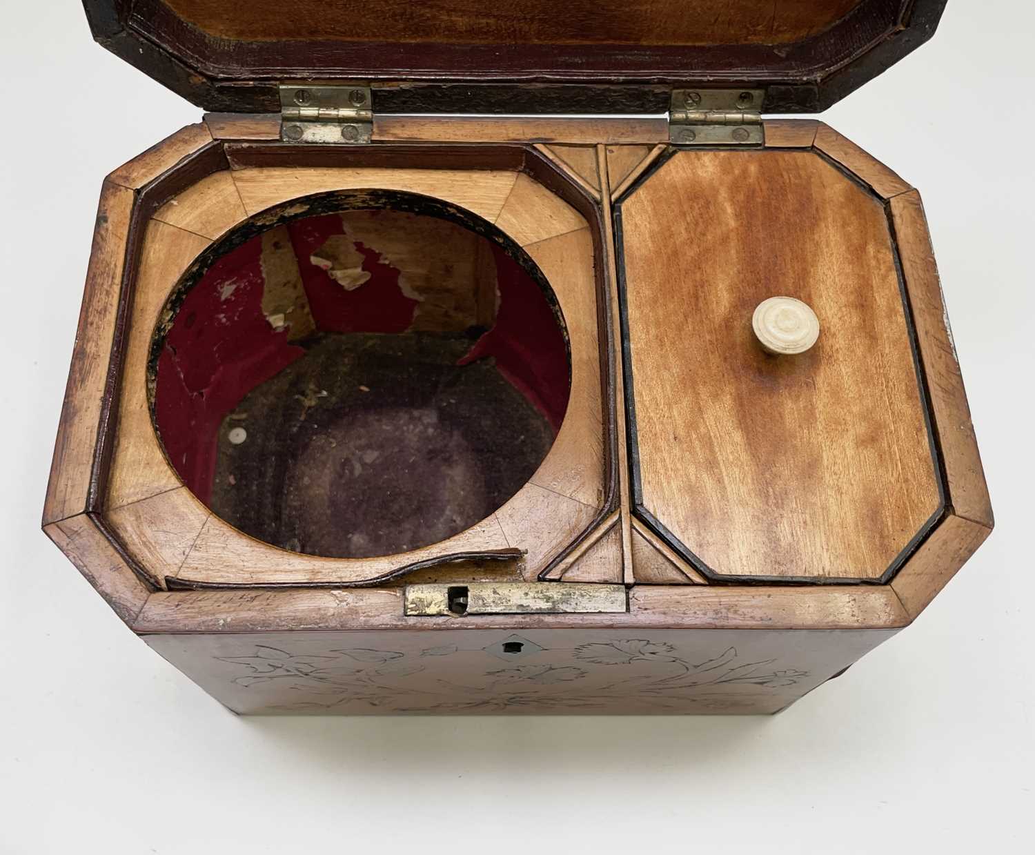 A George III satinwood and floral inlaid tea caddy, the lid opening to reveal a single internal - Image 9 of 17