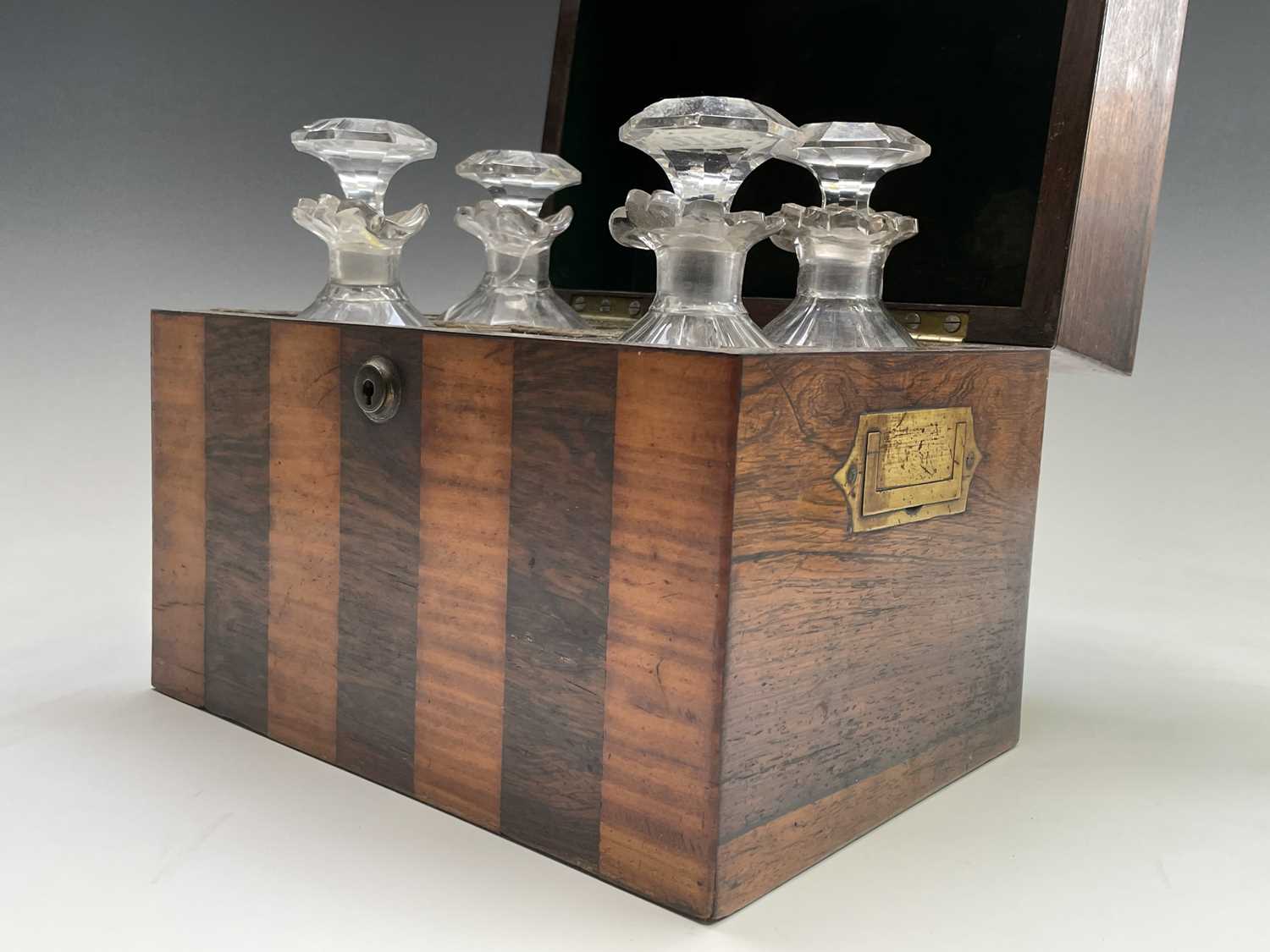 A satinwood and rosewood banded decanter box, early 19th century, containing four (of six) decanters - Image 6 of 13