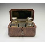 A French kingwood perfume casket, circa 1880, with parquetry and inlaid decoration, containing