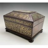 A Regency rosewood and cut brass inlaid box or casket, raised on bun feet, width 30cm. Provenance: