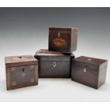A George III mahogany and chequer strung tea caddy with two lidded compartments, width 20cm,