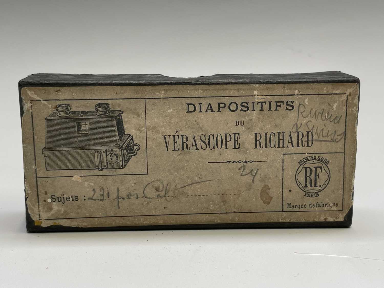A mahogany folding stereoscope viewer, labelled for Verascope Richard, width 12.5cm, together with a - Image 3 of 13