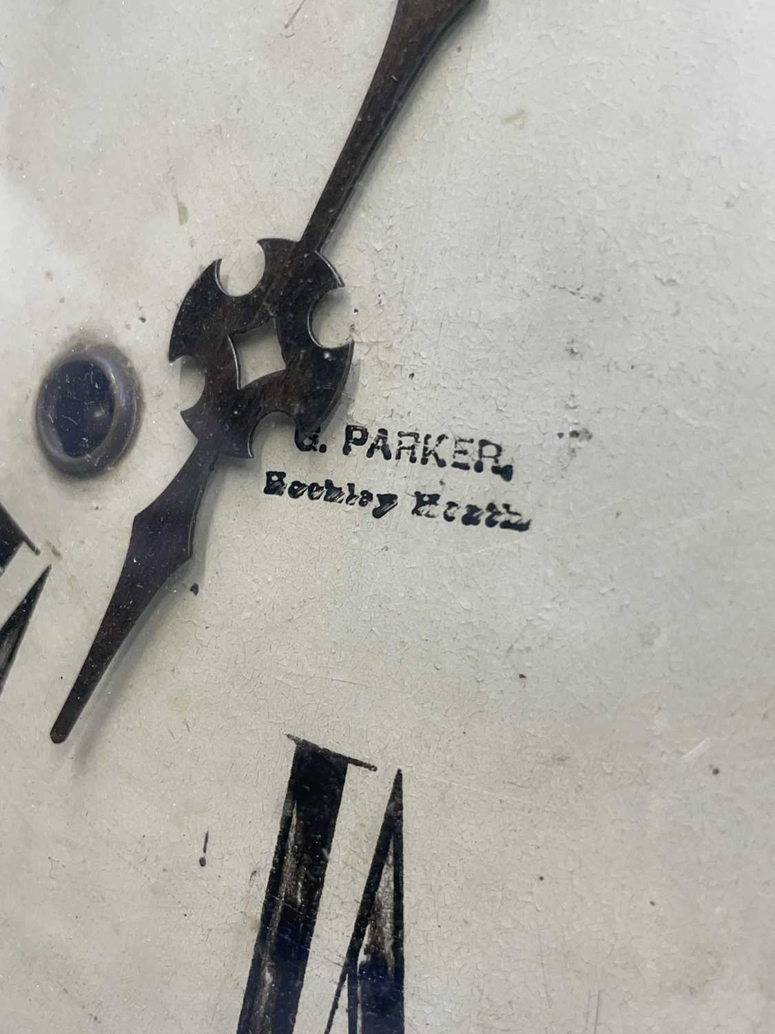 A Victorian walnut and inlaid drop-dial eight day wall clock, the painted dial signed Parker, - Image 6 of 9