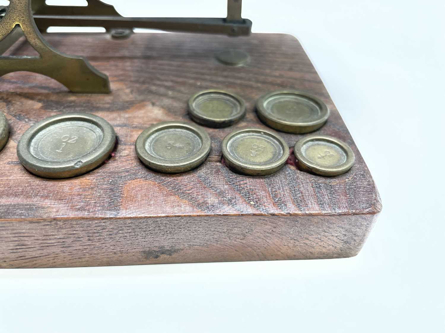 A set of late Victorian Sampson Mordan & Co brass and oak postal scales, the base set with nine - Image 5 of 10