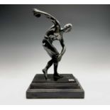 After the Antique, a spelter figure of the discus thrower, 20th century, raised on a stepped