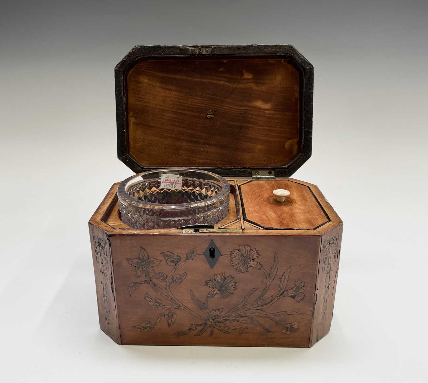 A George III satinwood and floral inlaid tea caddy, the lid opening to reveal a single internal - Image 14 of 17