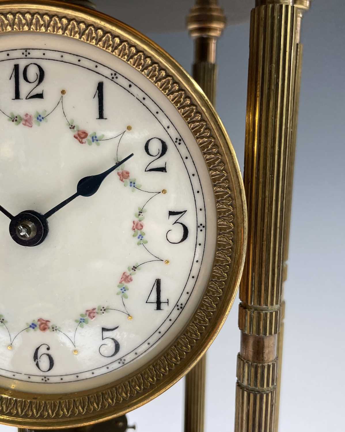 A 400 day brass torsion mantel clock, of portico type, with domed top, floral garland decorated dial - Image 5 of 15