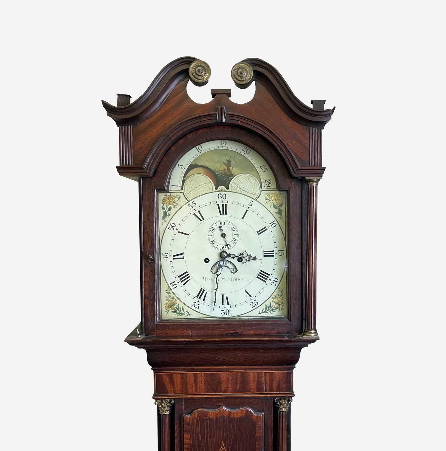 A George III oak and mahogany eight day longcase clock, the 33.3cm arched painted dial signed '