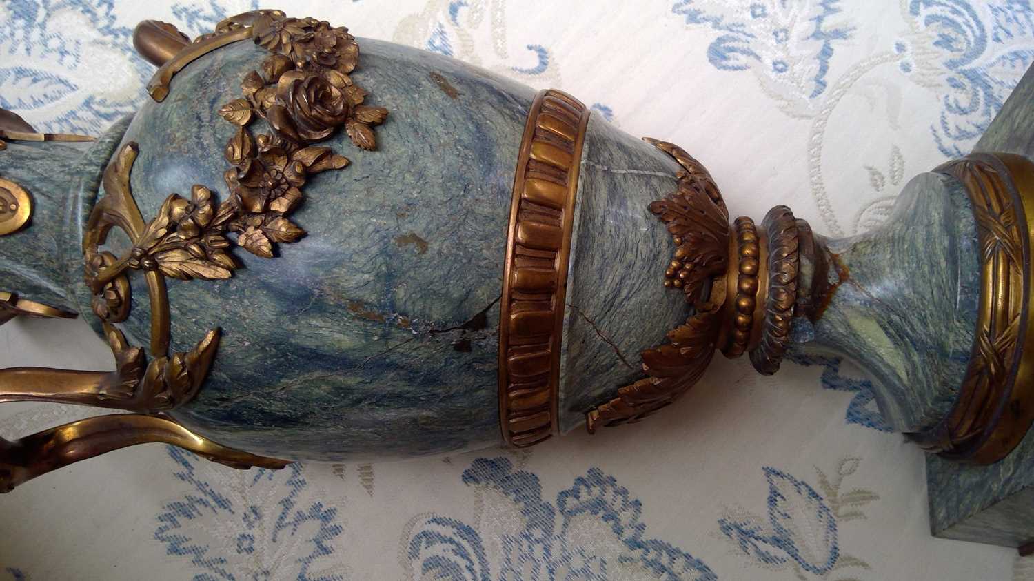 A pair of French Louis XVI style blue veined marble ormolu mounted table lamps, circa 1900, fitted - Image 3 of 12