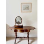 A George III mahogany and rosewood banded dressing table mirror, the bow front base fitted three