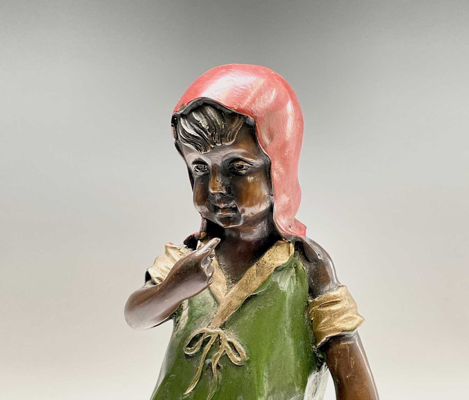 After Juan Clena, a painted bronze sculpture of a girl standing on a stool. Height 37cm. - Image 2 of 9