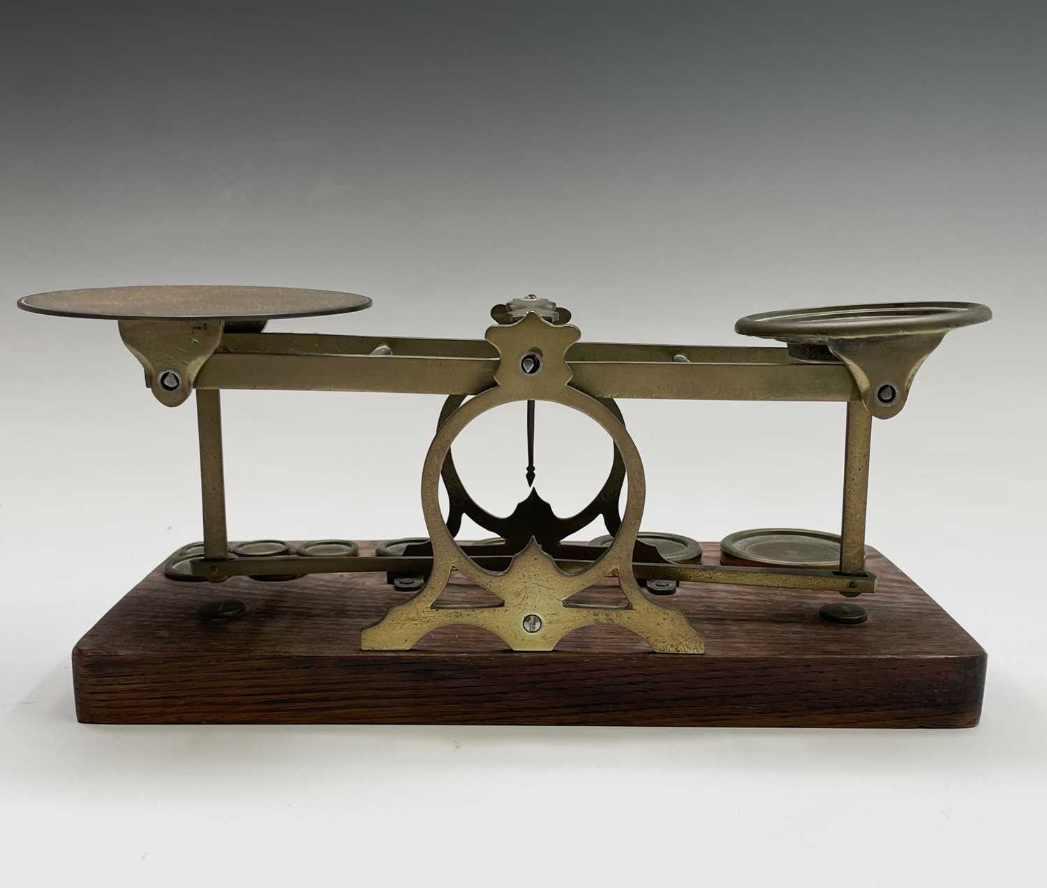 A set of late Victorian Sampson Mordan & Co brass and oak postal scales, the base set with nine - Image 2 of 10