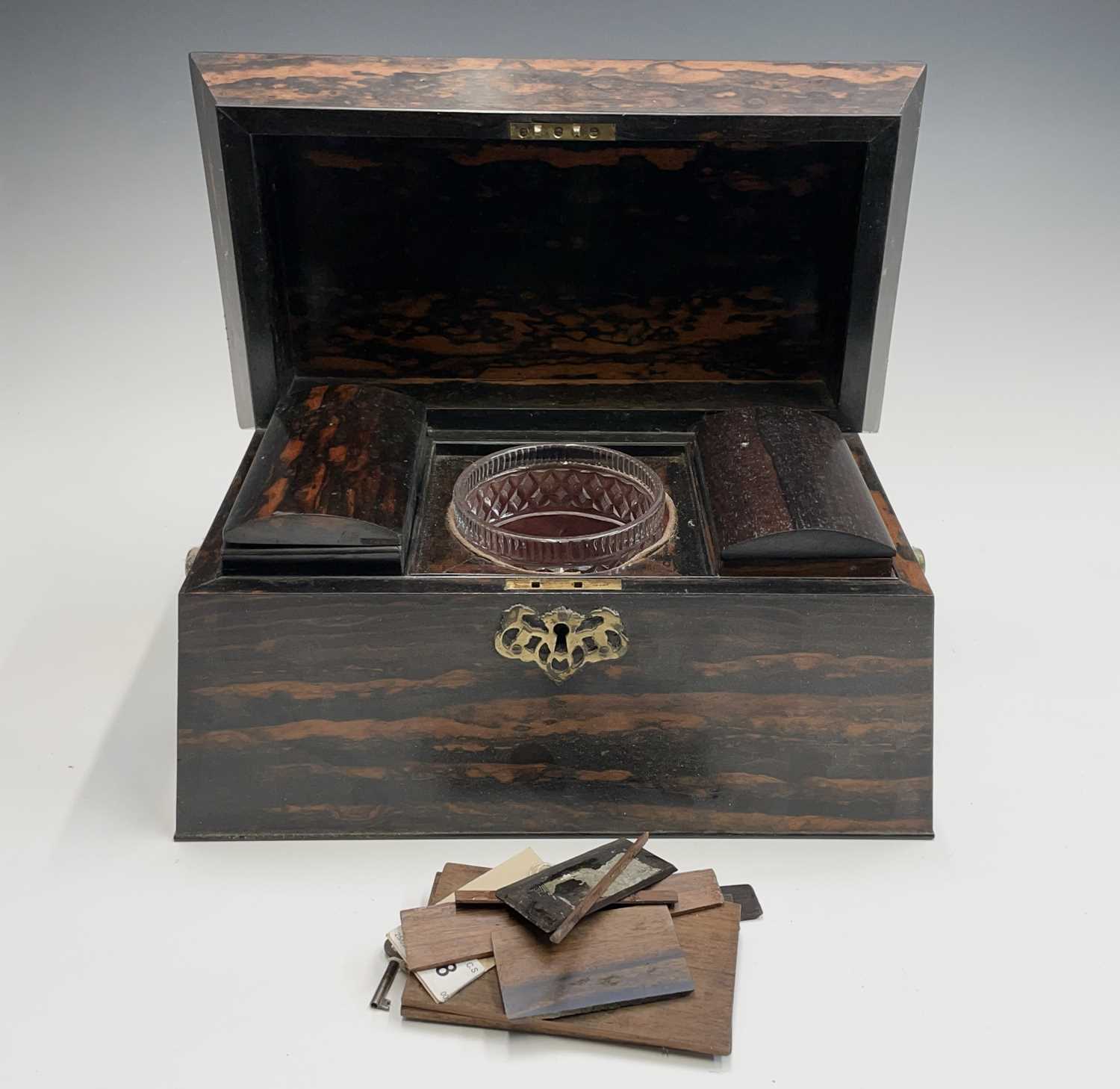 An early Victorian coromandel wood tea caddy, of sarcophagus shape, with glass mixing bowl and - Image 5 of 9