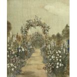 An English woolwork tapestry unframed panel and a framed silkwork picture. Crewel work panel -