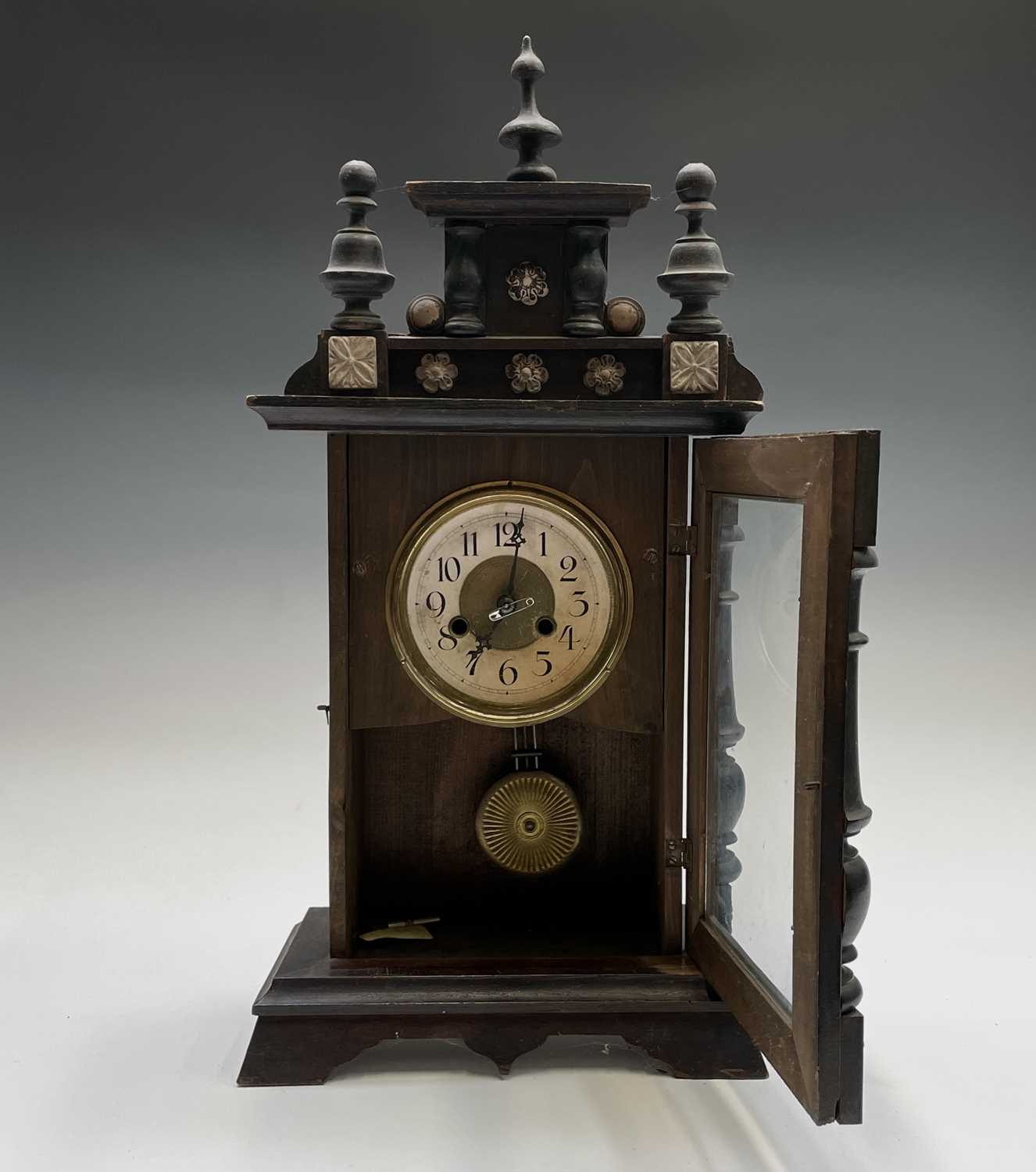 An American eight-day mantel clock, with stained pine case, striking on a coiled gong, height 56cm. - Image 4 of 4