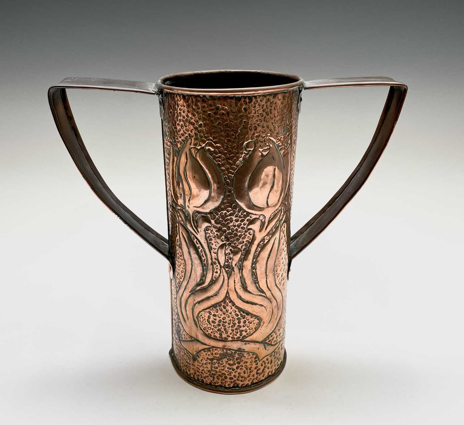 An Arts & Crafts period copper twin handled vase, the cylindrical body repousse decorated with - Image 10 of 10