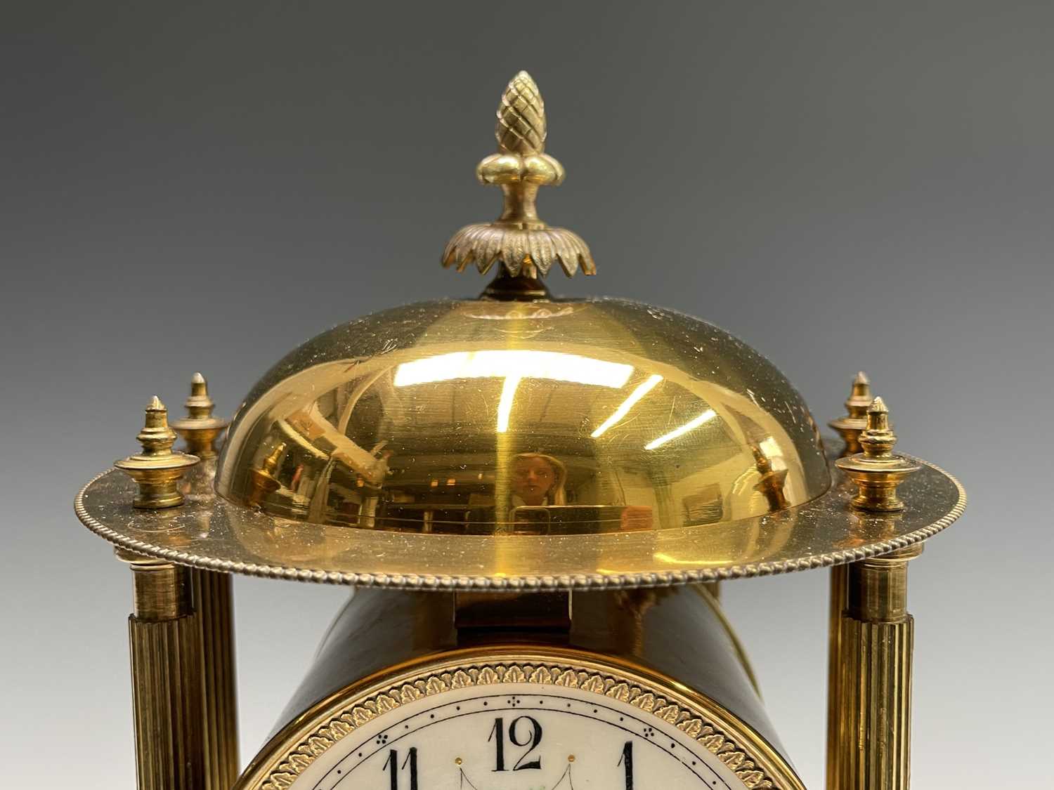 A 400 day brass torsion mantel clock, of portico type, with domed top, floral garland decorated dial - Image 4 of 15