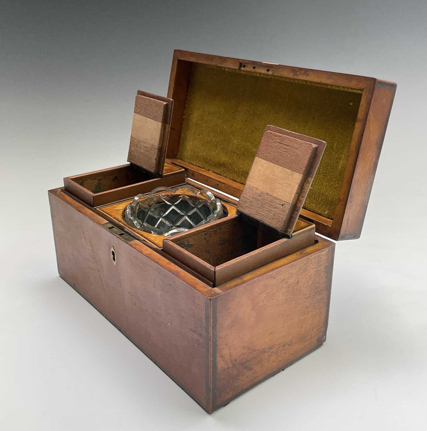 A George III satinwood and rosewood banded tea caddy, fitted with two lidded compartments and a - Image 6 of 7