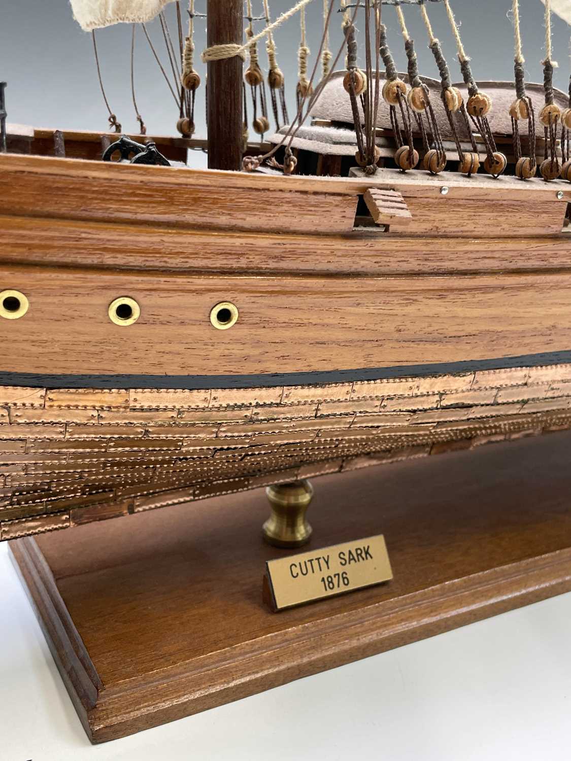 A wooden model of the clipper Cutty Sark, with copper clad hull, titled and mounted on a rectangular - Image 4 of 15