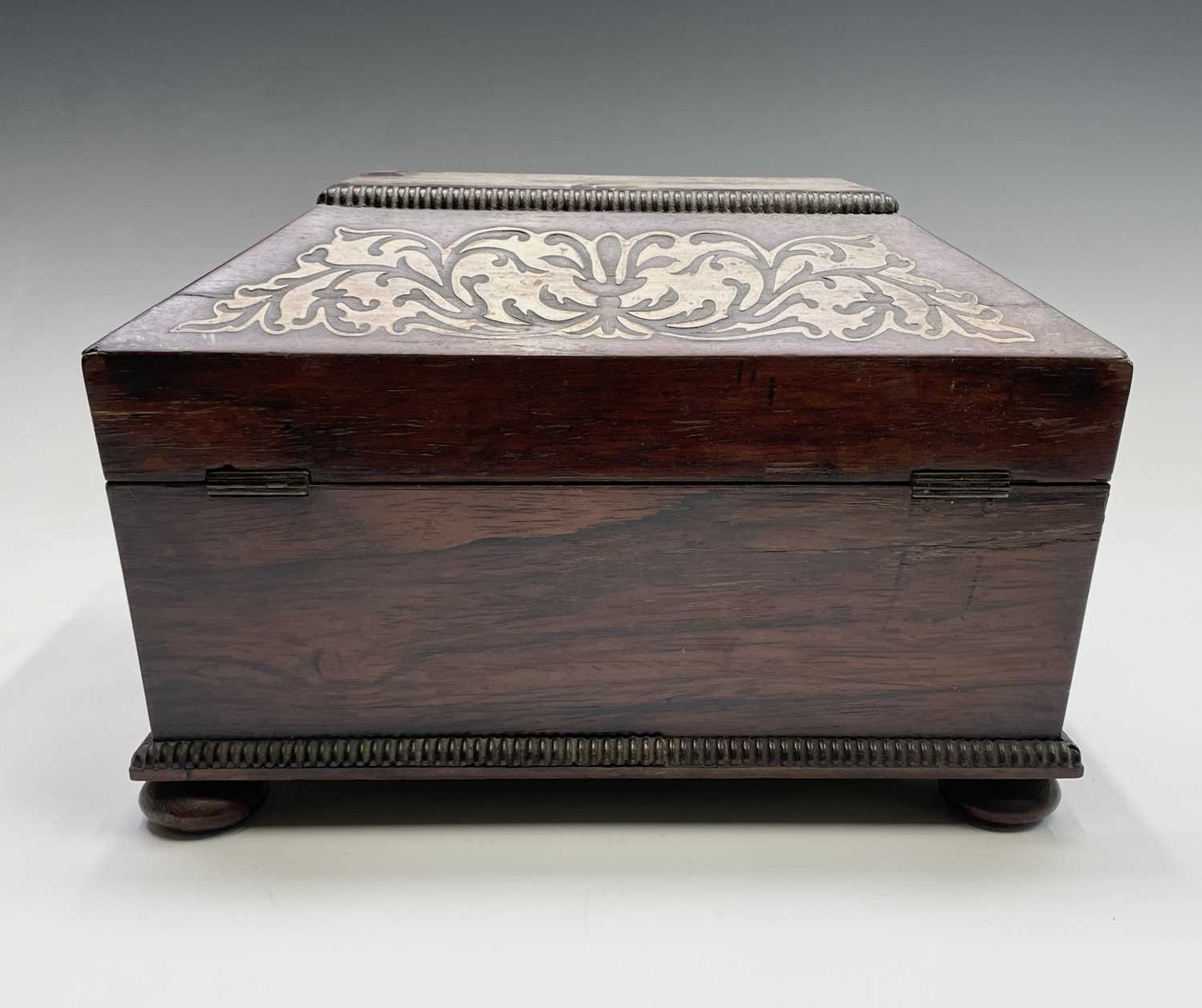 A Regency rosewood and cut brass inlaid box or casket, raised on bun feet, width 30cm. Provenance: - Image 6 of 6