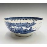 A Caughley blue and white porcelain bowl, printed with the fisherman pattern, printed C mark,