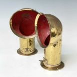 Two vintage brass ships ventilation ducts, with red painted interiors, reputedly removed from an old