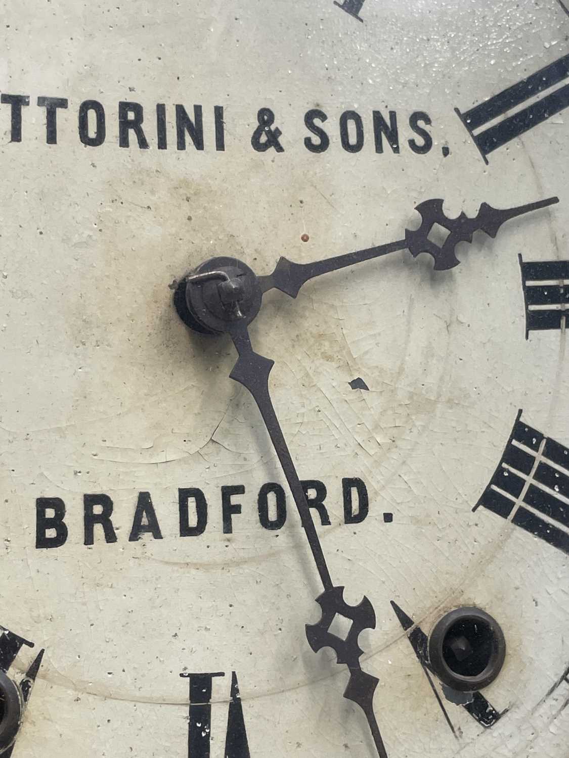 A Fattorini & Sons walnut wall clock, with white painted dial and turned column side supports, - Image 3 of 7