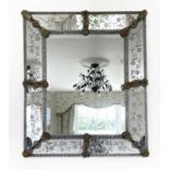 A Venetian rectangular wall mirror, late 19th century, the outer plate with floral etched decoration