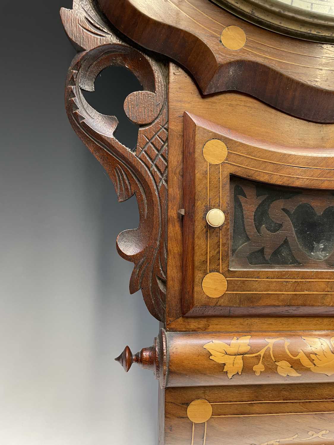 A Victorian walnut and inlaid drop-dial eight day wall clock, the painted dial signed Parker, - Image 3 of 9