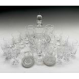 A cut glass decanter, two sets of six whisky glasses, two jugs, and other glassware in one box.