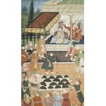 A large Persian watercolour on silk, of a courtyard scene, 88 x 57.5cm.