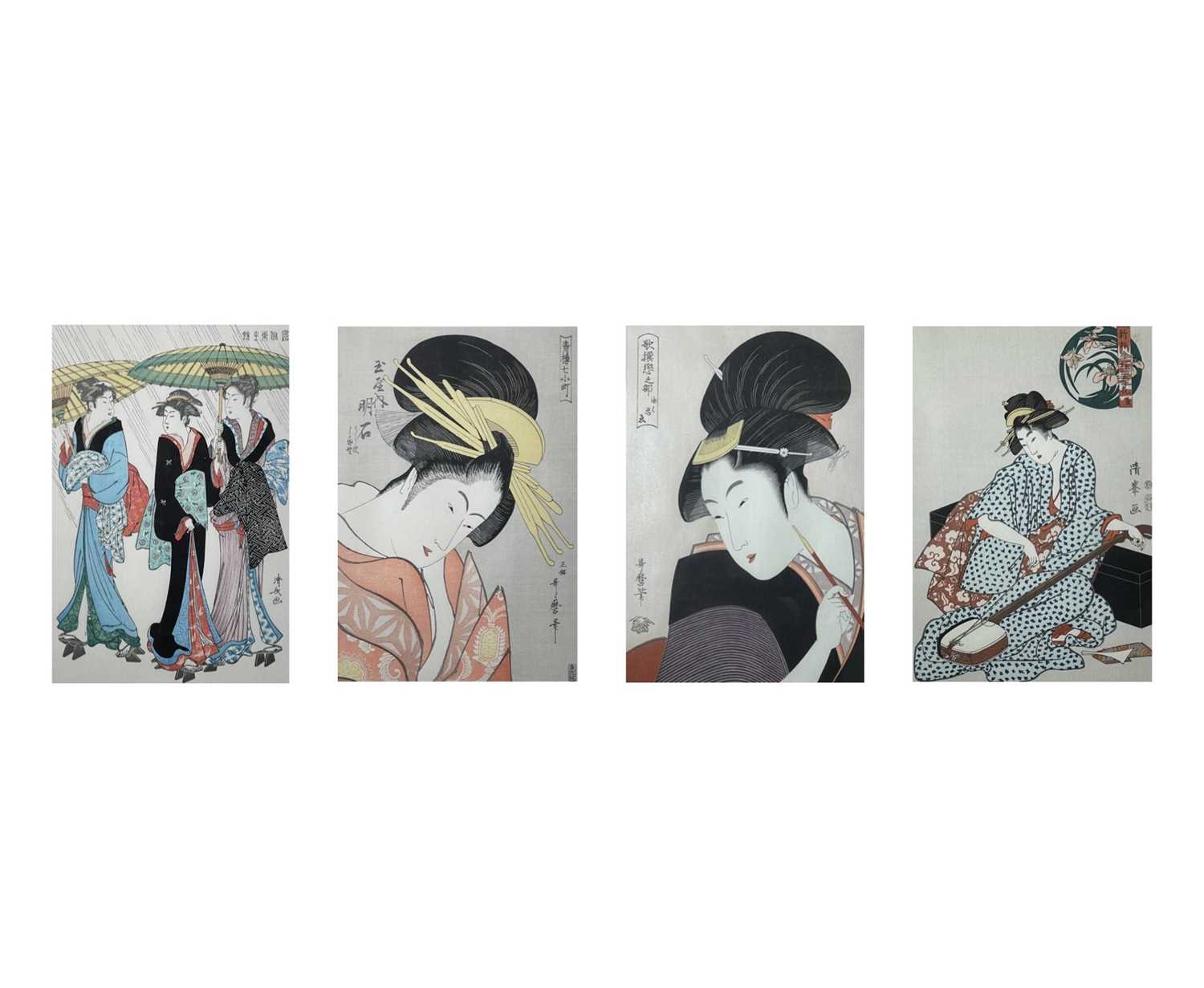 Four Japanese woodblock prints, 20th century, Kiyomitsu and Utamoro, frame size, 41 x 31.5cm.