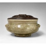 A Chinese Longquan celadon censer, possibly early Ming dynasty, together with a carved wood cover,