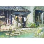 A Chinese watercolour by Ke Ming Ze, signed, labels to reverse, 30 x 40cm.