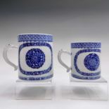 Two Chinese export porcelain blue and white mugs, 18th century, each with a dragon mask handle,