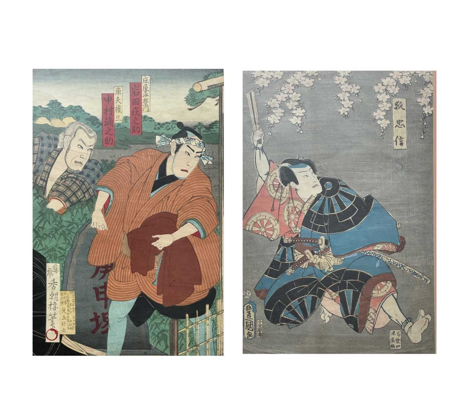 A pair of Japanese original woodblock prints of warriors, in contemporary frames, print size 34.5