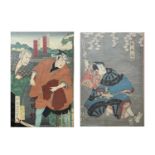 A pair of Japanese original woodblock prints of warriors, in contemporary frames, print size 34.5