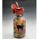PONKLE (1934-2012) Black Cat and Sunflowers A large painted bottle Height 31cm