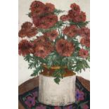 Minou STEINER (1940-2008) The Red Chrysanthemums Oil on card Signed 55 x 37 cm