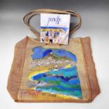 PONKLE (1934 - 2012) A hessian bag painted to both front and back with scenes of St Ives Signed