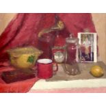 Valerie SMITH (XX) Still Life with Red Tin Mug Oil on cloth laid on board Signed and dated '95.