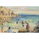 John HARVEY (1935) Day at the Beach, Porthgwarra Oil on board 'John Harvey - St Ives Society of