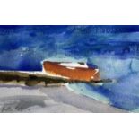 Heather BRAY (XX-XXI)The Red Boat Watercolour Signed Label to verso 17.5 x 27.5cm