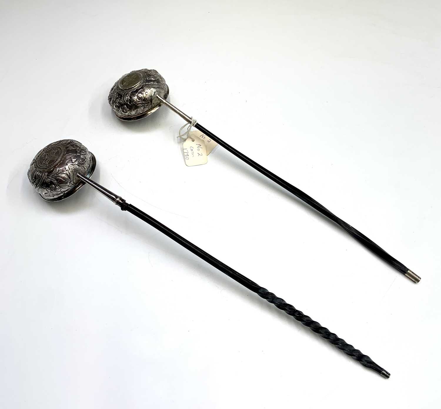 Two silver punch ladles with whale bone handles, both of round form, coin set with ornate chasing. - Bild 4 aus 4