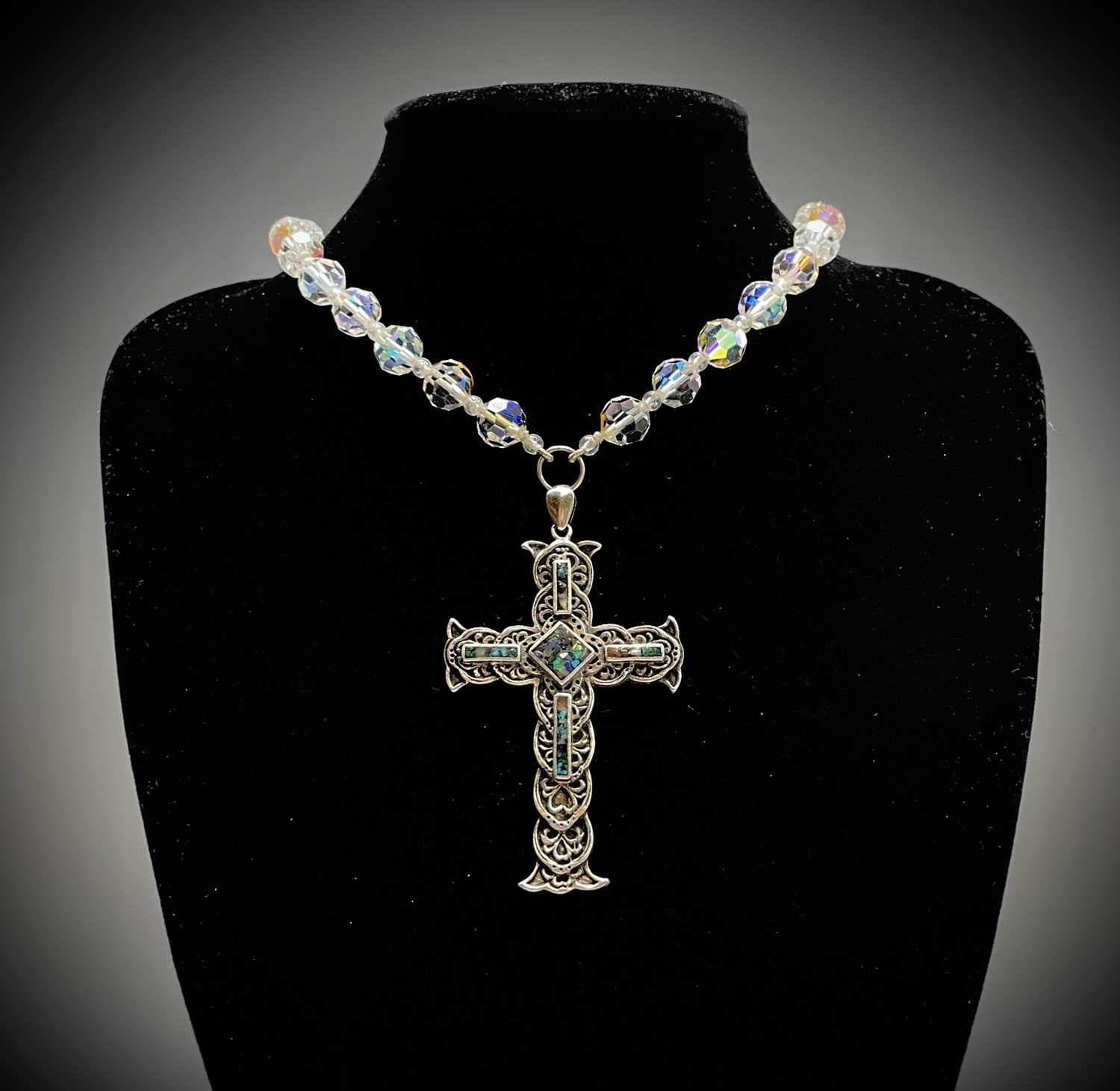 A rosary with carved amethyst beads and amethyst set silver cross, two chased silver crosses each - Image 3 of 8