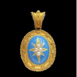A fine Victorian high-purity gold oval pendant with a blue enamel boss centred by a pearl set