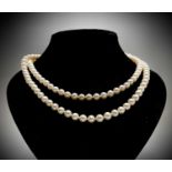 A fine pearl 50cm necklace by Fred E Ullman with an 18ct gold diamond and sapphire clasp. The 121