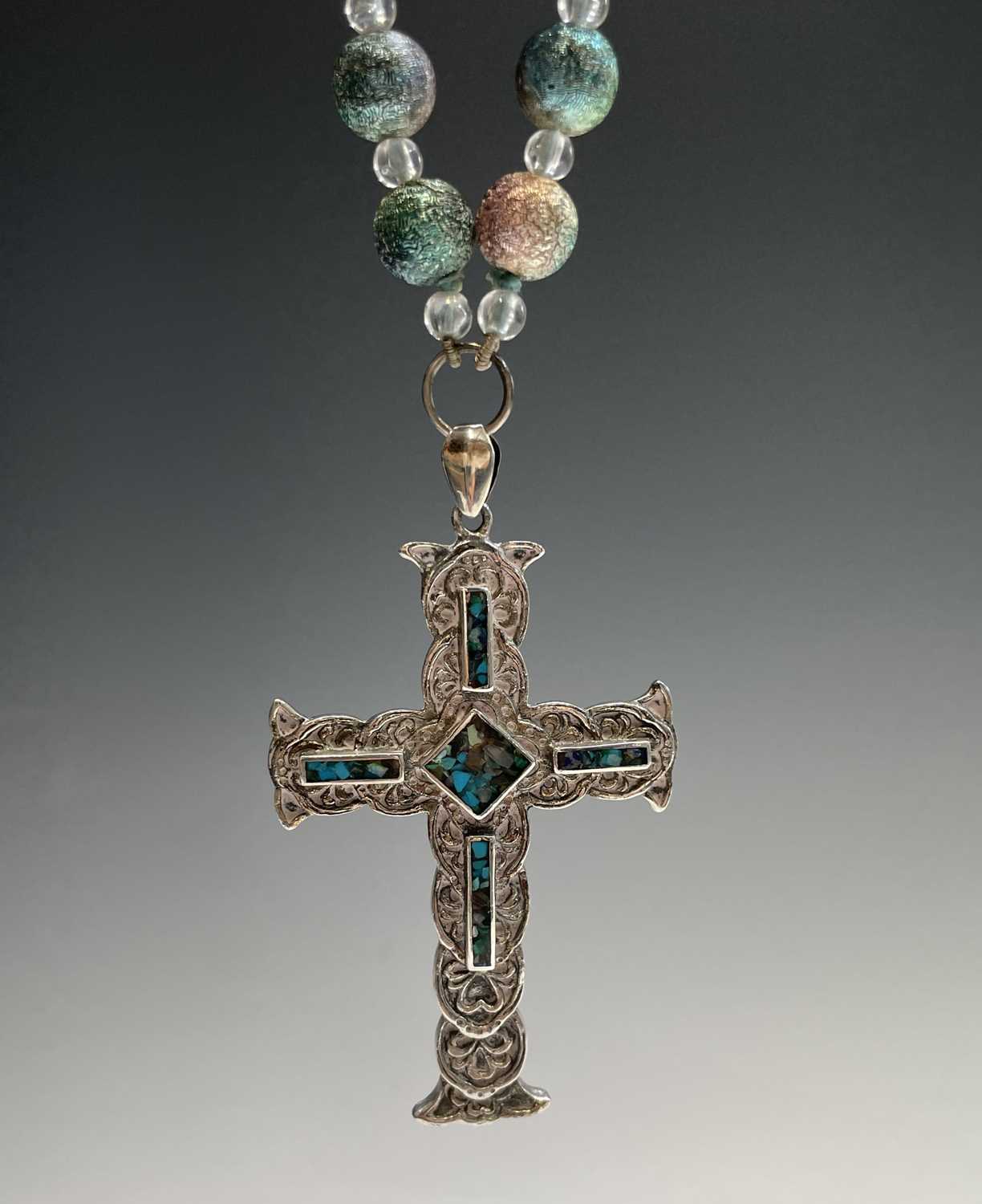 A rosary with carved amethyst beads and amethyst set silver cross, two chased silver crosses each - Image 7 of 8