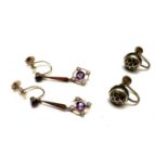 A pair of gold amethyst and pearl earrings 30.1mm drop together with a pair of gilt mounted pique