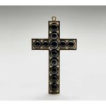 A Victorian gold cross of exceptional quality set with banded agate and pearls within a black enamel